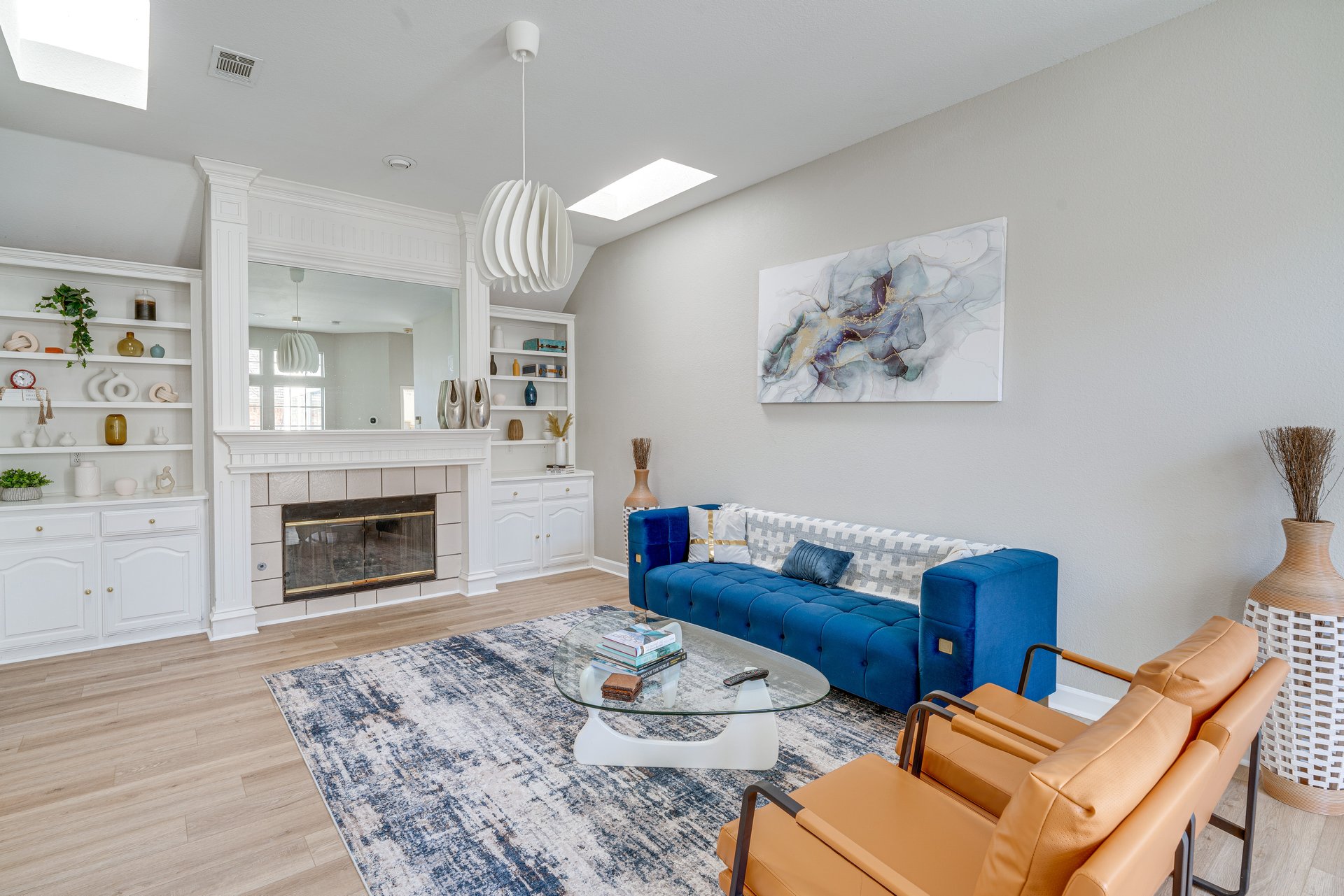 Spacious living room with warm furnishings